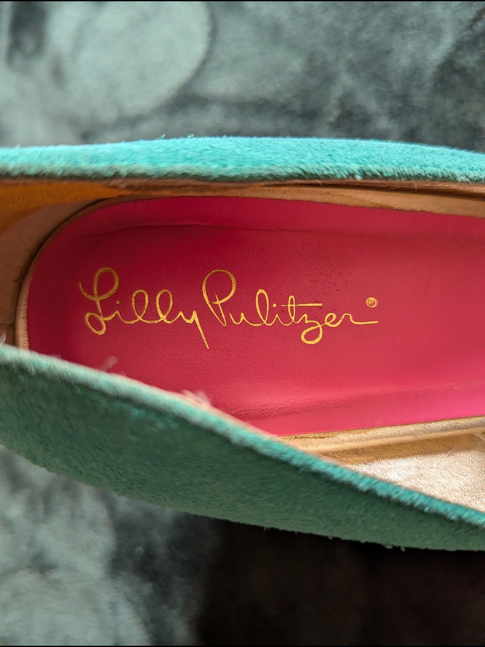 Lilly Pulitzer Teal Suede Peep-Toe Wedges with Pink Insole Size 9 - Picture 2 of 4